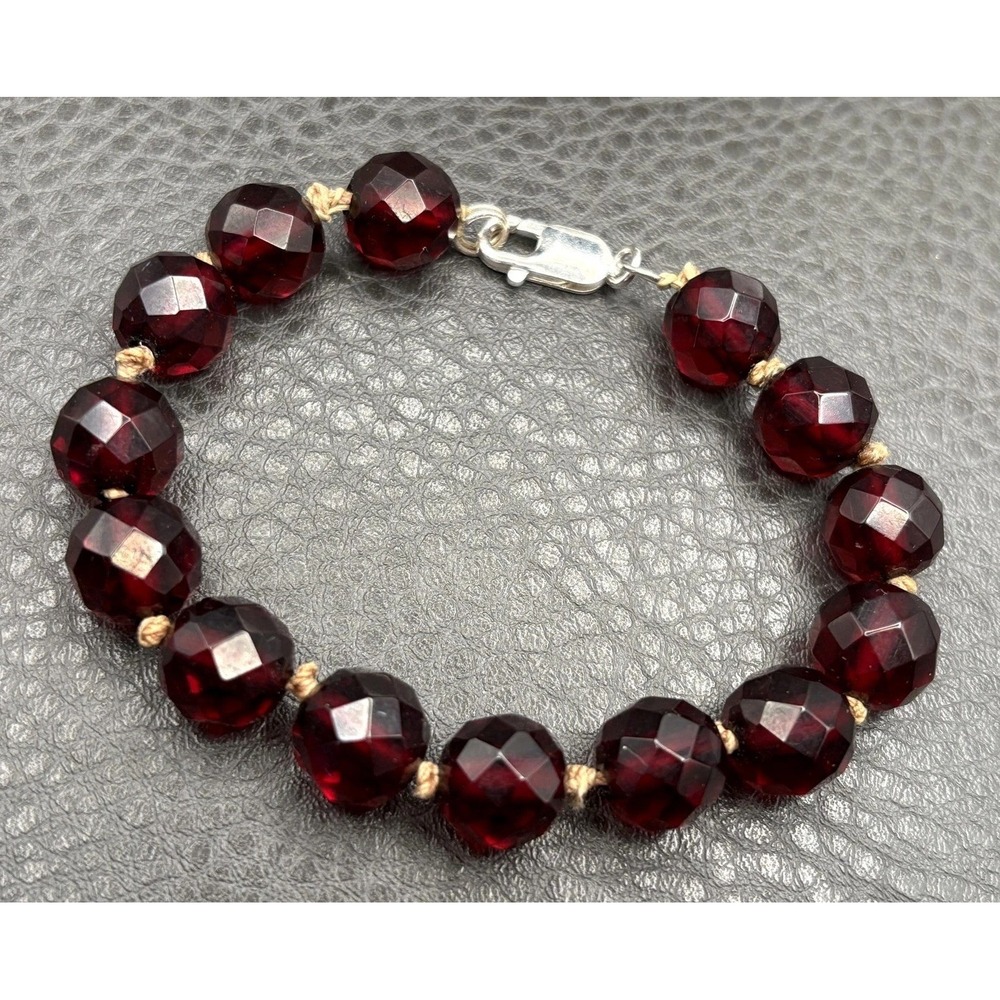 Vintage Cherry Amber Bakelite Hand Knotted Sterling Silver Bead 8.5" Bracelet